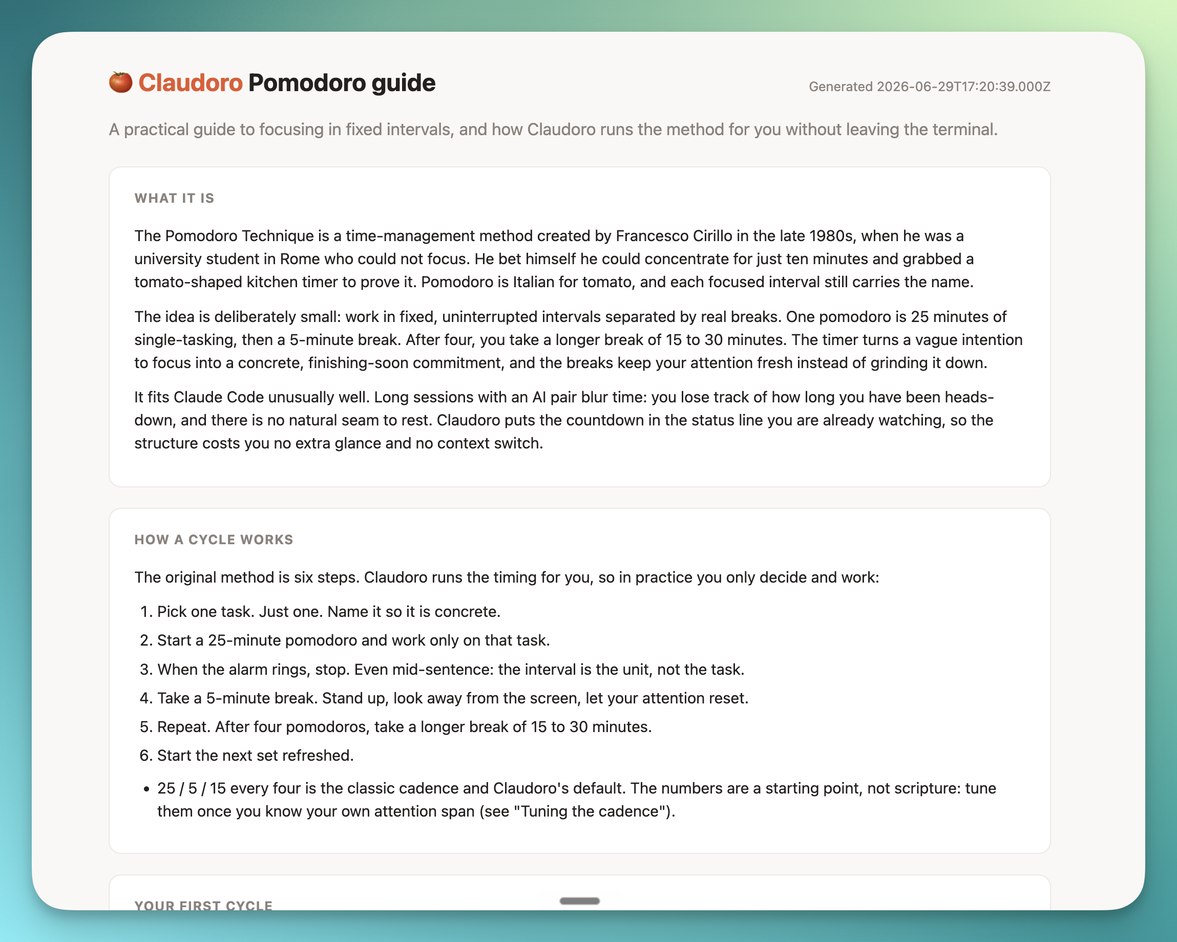 The Pomodoro Technique guide built into Claudoro, rendered as a self-contained web page
