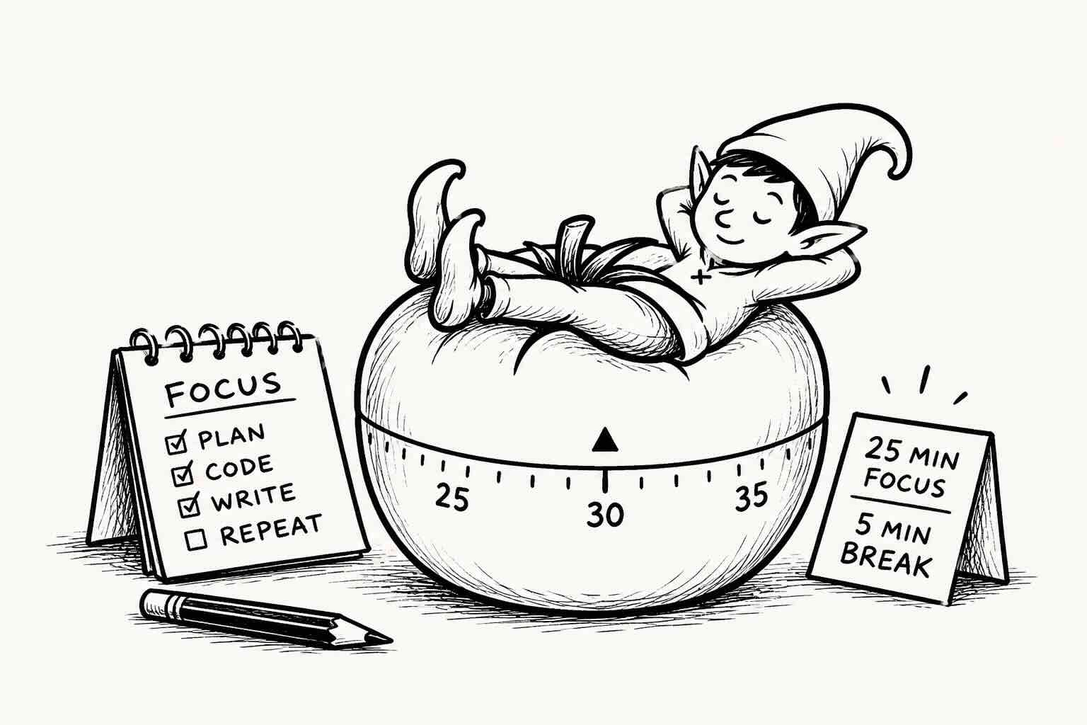 Hand-drawn illustration of an elf relaxing on a tomato-shaped Pomodoro timer set to 30 minutes, beside a FOCUS checklist of plan, code, write, repeat and a 25 min focus, 5 min break card.