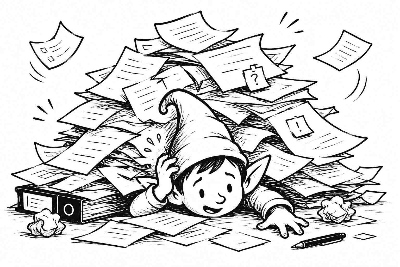 A cheerful cartoon elf grinning while half-buried beneath a chaotic avalanche of loose pages, sticky notes marked with question and exclamation marks, a binder and crumpled drafts — the unfiled knowledge pile that a compiled vault is meant to solve.