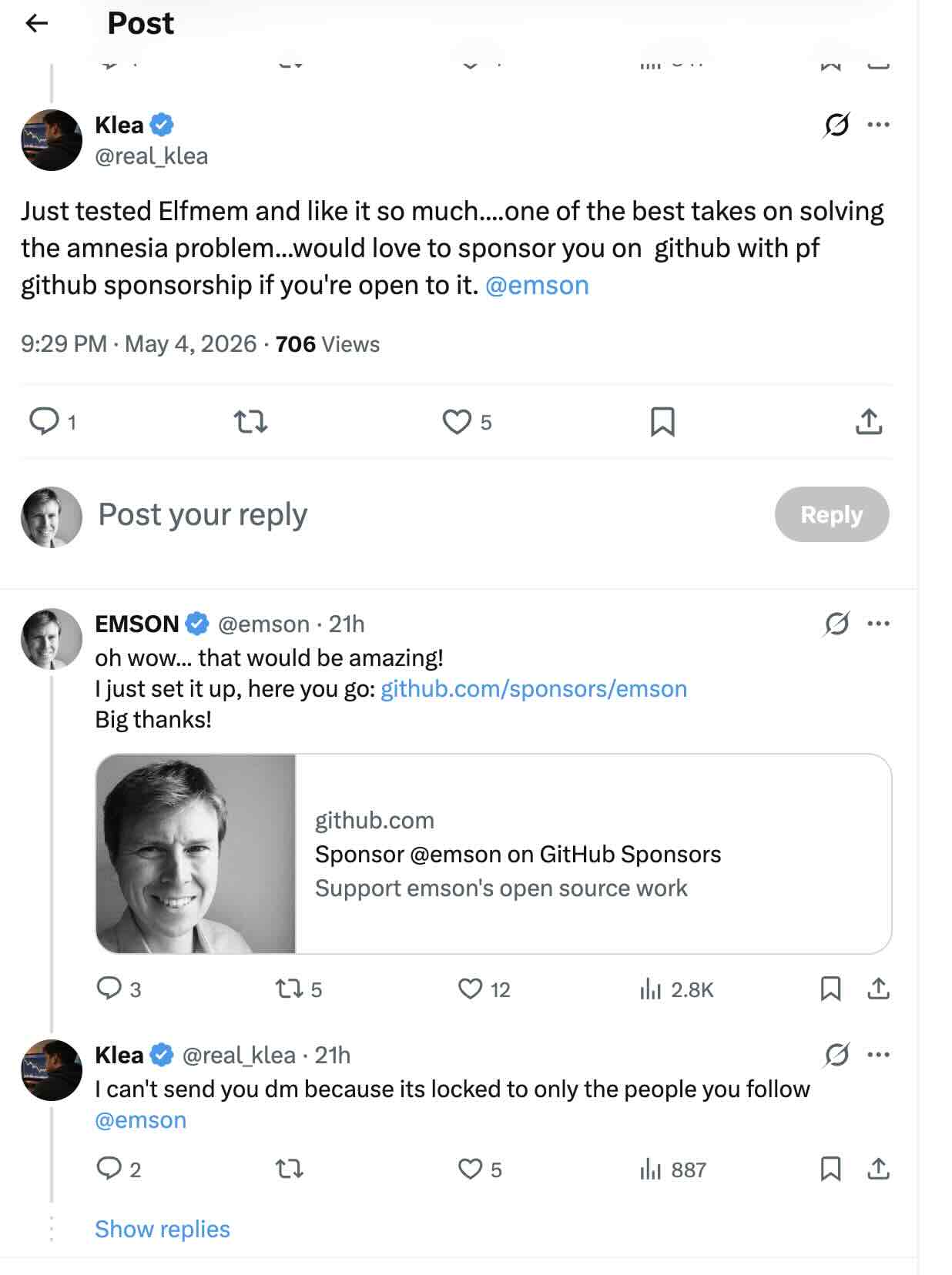 Screenshot of the original X post from @real_klea offering to sponsor elfmem via 'pf github sponsorship', and Ben's reply sharing his GitHub Sponsors link.